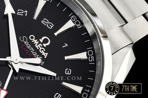 Aqua Terra 150M GMT Smooth Bezel Black Textured Dial with SS Stick Markers Solid Stainless Steel 316F Bracelet