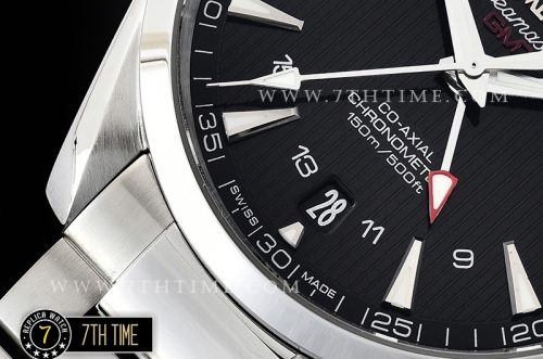 Aqua Terra 150M GMT Smooth Bezel Black Textured Dial with SS Stick Markers Solid Stainless Steel 316F Bracelet