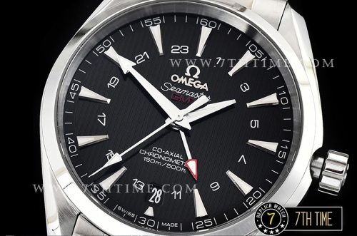 Aqua Terra 150M GMT Smooth Bezel Black Textured Dial with SS Stick Markers Solid Stainless Steel 316F Bracelet
