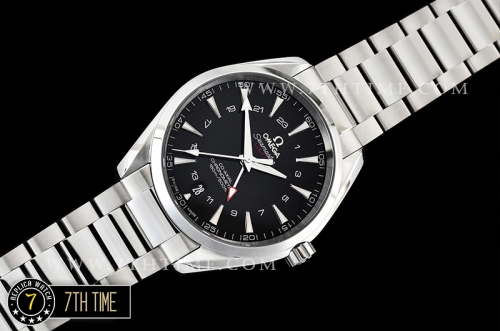 Aqua Terra 150M GMT Smooth Bezel Black Textured Dial with SS Stick Markers Solid Stainless Steel 316F Bracelet