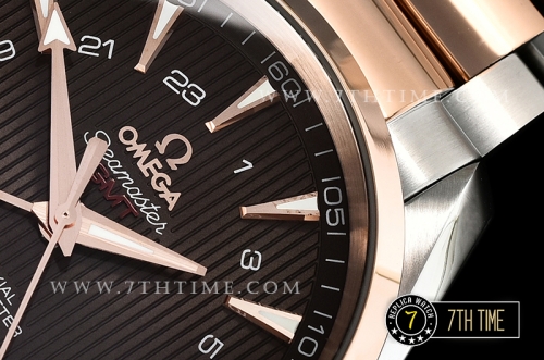 Aqua Terra 150M GMT Rose Gold Plated Smooth Bezel Brown Textured Dial with SS Stick Markers 18K Two Tone Rose Gold Thick Plated on SS Steel Case And Bracelet