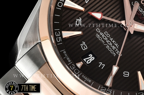Aqua Terra 150M GMT Rose Gold Plated Smooth Bezel Brown Textured Dial with SS Stick Markers 18K Two Tone Rose Gold Thick Plated on SS Steel Case And Bracelet