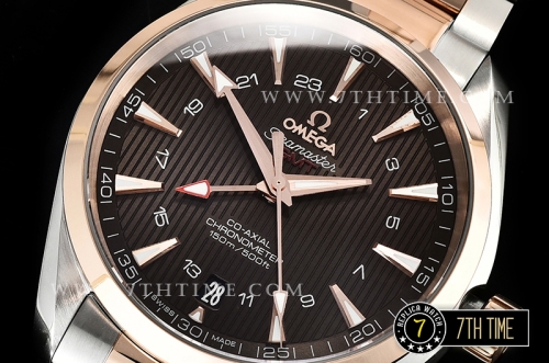 Aqua Terra 150M GMT Rose Gold Plated Smooth Bezel Brown Textured Dial with SS Stick Markers 18K Two Tone Rose Gold Thick Plated on SS Steel Case And Bracelet