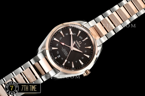 Aqua Terra 150M GMT Rose Gold Plated Smooth Bezel Brown Textured Dial with SS Stick Markers 18K Two Tone Rose Gold Thick Plated on SS Steel Case And Bracelet