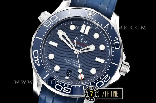 Seamaster 300m Co-Axial Blue Ceramic Bezel Blue Ceramic Base Plate Dial (Wavy Textured) with Large Dot Markers Blue Rubber Strap