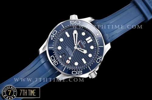 Seamaster 300m Co-Axial Blue Ceramic Bezel Blue Ceramic Base Plate Dial (Wavy Textured) with Large Dot Markers Blue Rubber Strap