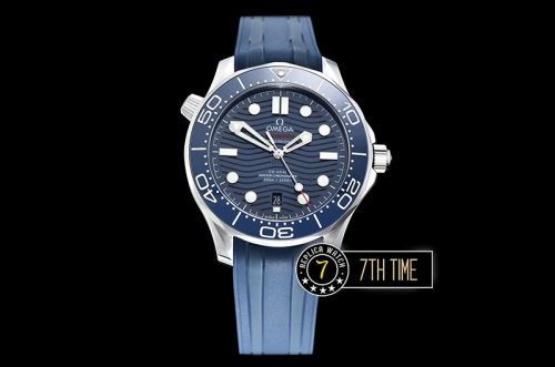 Seamaster 300m Co-Axial Blue Ceramic Bezel Blue Ceramic Base Plate Dial (Wavy Textured) with Large Dot Markers Blue Rubber Strap