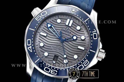 Seamaster 300m Co-Axial Blue Ceramic Bezel Grey Ceramic Base Plate Dial (Wavy Textured) with Large Dot Markers Blue Rubber Strap