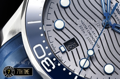 Seamaster 300m Co-Axial Blue Ceramic Bezel Grey Ceramic Base Plate Dial (Wavy Textured) with Large Dot Markers Blue Rubber Strap