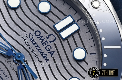 Seamaster 300m Co-Axial Blue Ceramic Bezel Grey Ceramic Base Plate Dial (Wavy Textured) with Large Dot Markers Blue Rubber Strap