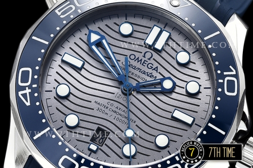 Seamaster 300m Co-Axial Blue Ceramic Bezel Grey Ceramic Base Plate Dial (Wavy Textured) with Large Dot Markers Blue Rubber Strap
