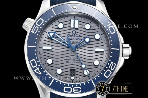 Seamaster 300m Co-Axial Blue Ceramic Bezel Grey Ceramic Base Plate Dial (Wavy Textured) with Large Dot Markers Blue Rubber Strap