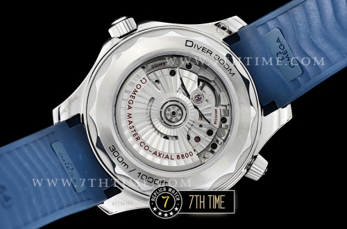 Seamaster 300m Co-Axial Blue Ceramic Bezel Grey Ceramic Base Plate Dial (Wavy Textured) with Large Dot Markers Blue Rubber Strap