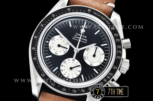 SpeedMaster Alaska Project III Black Metallic Tachymeter Bezel with Numerals Black Dial with White Subdials Brown Vintage Style Leather Strap