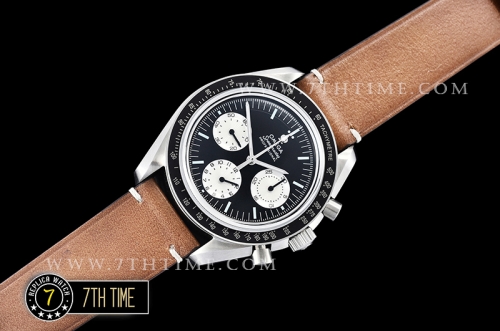 SpeedMaster Alaska Project III Black Metallic Tachymeter Bezel with Numerals Black Dial with White Subdials Brown Vintage Style Leather Strap