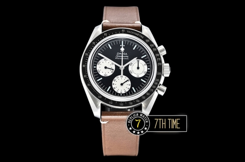 SpeedMaster Alaska Project III Black Metallic Tachymeter Bezel with Numerals Black Dial with White Subdials Brown Vintage Style Leather Strap