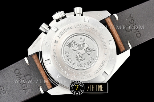 SpeedMaster Alaska Project III Black Metallic Tachymeter Bezel with Numerals Black Dial with White Subdials Brown Vintage Style Leather Strap