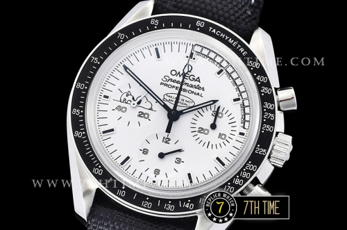 SpeedMaster Series Snoopy Limited Edition Black Tachymeter Bezel  White Dial with White Subdials and Snoopy Insignia Nylon Clad Leather Strap