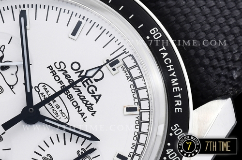 SpeedMaster Series Snoopy Limited Edition Black Tachymeter Bezel  White Dial with White Subdials and Snoopy Insignia Nylon Clad Leather Strap