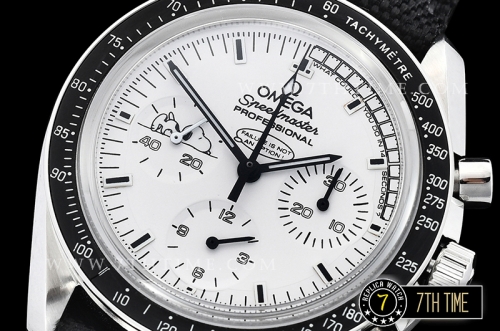 SpeedMaster Series Snoopy Limited Edition Black Tachymeter Bezel  White Dial with White Subdials and Snoopy Insignia Nylon Clad Leather Strap