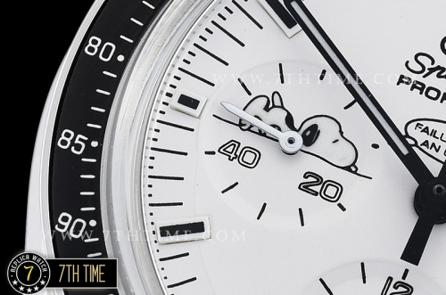 SpeedMaster Series Snoopy Limited Edition Black Tachymeter Bezel  White Dial with White Subdials and Snoopy Insignia Solid Stainless Steel 316L Bracelet