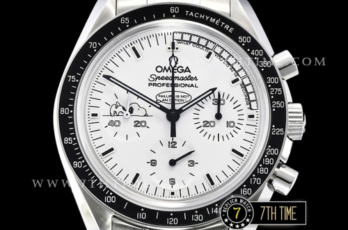 SpeedMaster Series Snoopy Limited Edition Black Tachymeter Bezel  White Dial with White Subdials and Snoopy Insignia Solid Stainless Steel 316L Bracelet