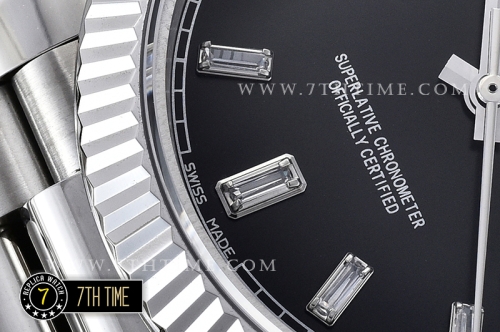 DayDate 228206 SS/SS Fluted Bezel Black Dial with Diamond Markers Swiss 2836
