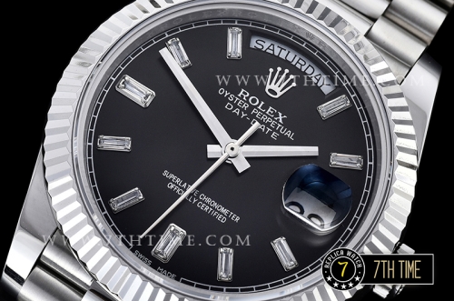 DayDate 228206 SS/SS Fluted Bezel Black Dial with Diamond Markers Swiss 2836