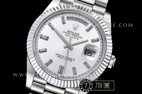 DayDate 228206 SS/SS Fluted Bezel Silver White Dial with Diamond Markers Swiss 2836