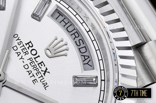 DayDate 228206 SS/SS Fluted Bezel Silver White Dial with Diamond Markers Swiss 2836