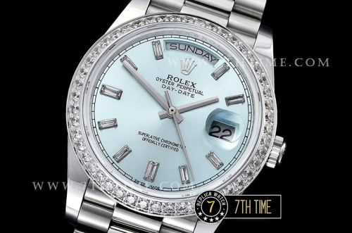 DayDate 228206 SS/SS Diamonds Crested Bezel Ice Blue Dial with Baugette Diamond Markers Swiss 2836