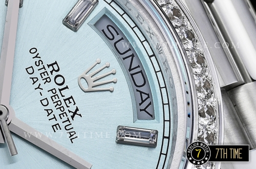 DayDate 228206 SS/SS Diamonds Crested Bezel Ice Blue Dial with Baugette Diamond Markers Swiss 2836