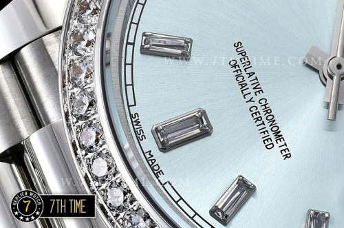 DayDate 228206 SS/SS Diamonds Crested Bezel Ice Blue Dial with Baugette Diamond Markers Swiss 2836