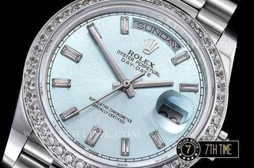 DayDate 228206 SS/SS Diamonds Crested Bezel Ice Blue Dial with Baugette Diamond Markers Swiss 2836