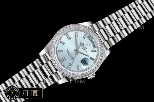 DayDate 228206 SS/SS Diamonds Crested Bezel Ice Blue Dial with Baugette Diamond Markers Swiss 2836