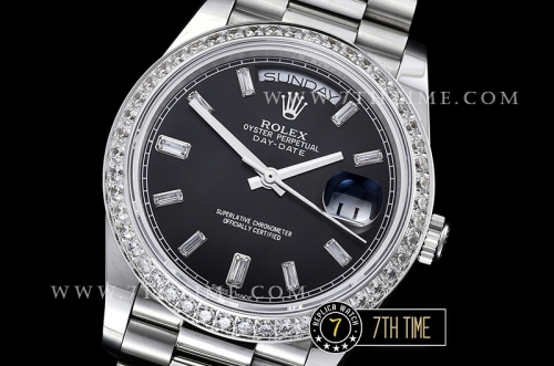DayDate 228206 SS/SS Diamonds Crested Bezel Black Dial with Baugette Diamond Markers Swiss 2836