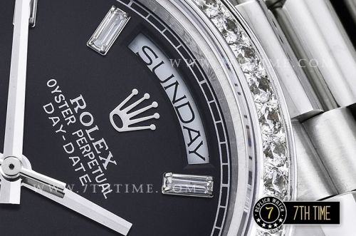 DayDate 228206 SS/SS Diamonds Crested Bezel Black Dial with Baugette Diamond Markers Swiss 2836