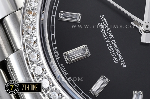 DayDate 228206 SS/SS Diamonds Crested Bezel Black Dial with Baugette Diamond Markers Swiss 2836