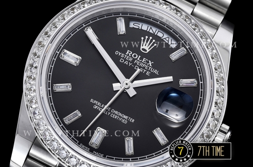 DayDate 228206 SS/SS Diamonds Crested Bezel Black Dial with Baugette Diamond Markers Swiss 2836