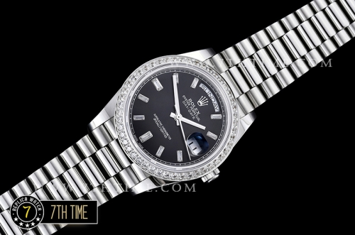 DayDate 228206 SS/SS Diamonds Crested Bezel Black Dial with Baugette Diamond Markers Swiss 2836