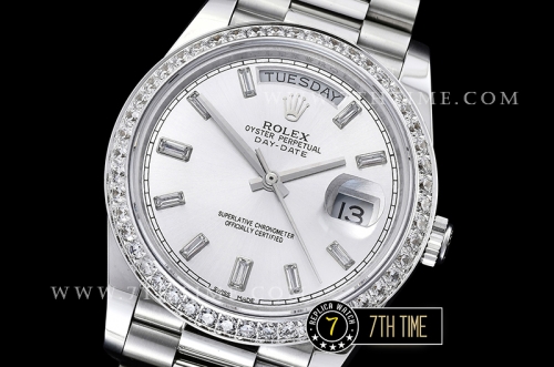 DayDate 228206 SS/SS Diamonds Crested Bezel Silver White Dial with Baugette Diamond Markers Swiss 2836
