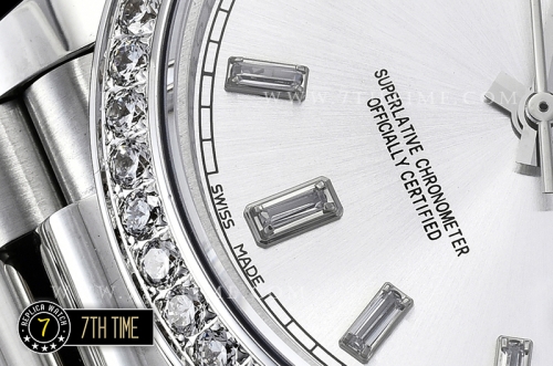 DayDate 228206 SS/SS Diamonds Crested Bezel Silver White Dial with Baugette Diamond Markers Swiss 2836