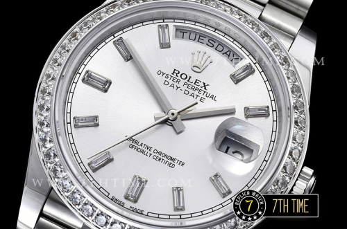 DayDate 228206 SS/SS Diamonds Crested Bezel Silver White Dial with Baugette Diamond Markers Swiss 2836