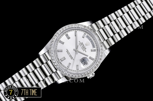 DayDate 228206 SS/SS Diamonds Crested Bezel Silver White Dial with Baugette Diamond Markers Swiss 2836