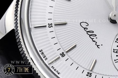 Cellini Date 39mm White Guilloche Dial with Stick Markers Black Croc Print Calf Leather Strap