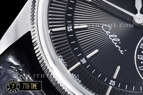 Cellini Date 39mm Black Guilloche Dial with Stick Markers Black Croc Print Calf Leather Strap