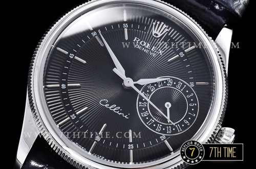 Cellini Date 39mm Black Guilloche Dial with Stick Markers Black Croc Print Calf Leather Strap