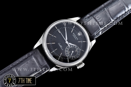 Cellini Date 39mm Black Guilloche Dial with Stick Markers Black Croc Print Calf Leather Strap