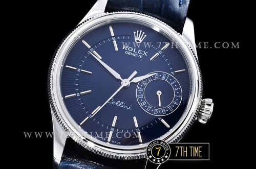 Cellini Date 39mm Blue Guilloche Dial with Stick Markers Blue Croc Print Calf Leather Strap