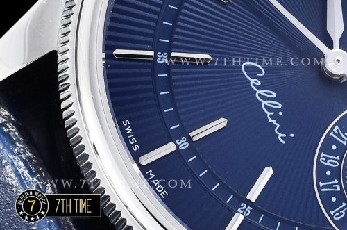 Cellini Date 39mm Blue Guilloche Dial with Stick Markers Blue Croc Print Calf Leather Strap